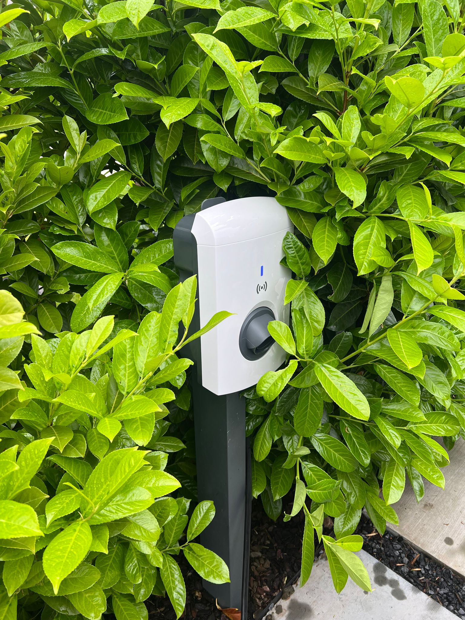 Laadpaal op een sokkel in de tuin, geplaatst door Electrifusion